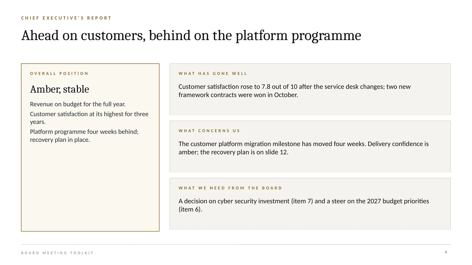 Chief executive's report slide with an overall position card and three key messages.