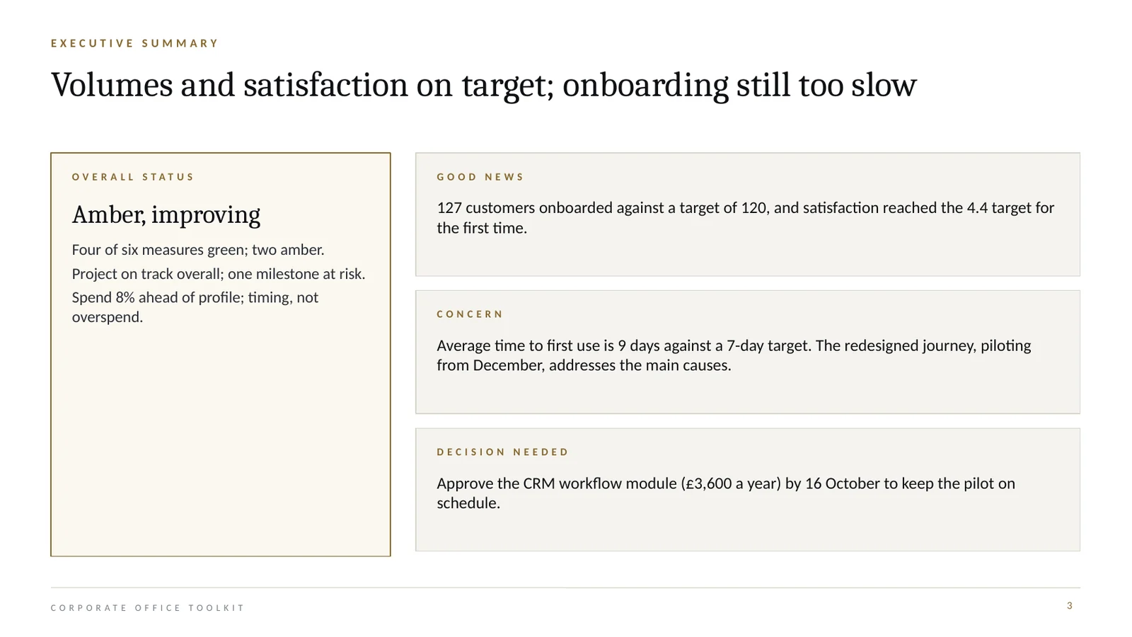 Executive summary slide with an overall status card and three key points.
