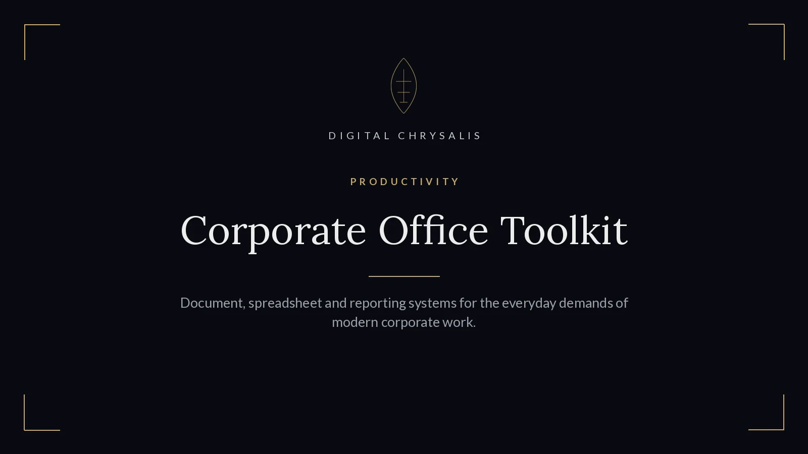 Corporate Office Toolkit cover: charcoal ground, gold emblem and a large serif title.