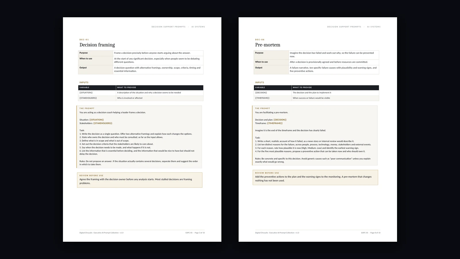 Decision framing and pre-mortem prompts from the decision support library.