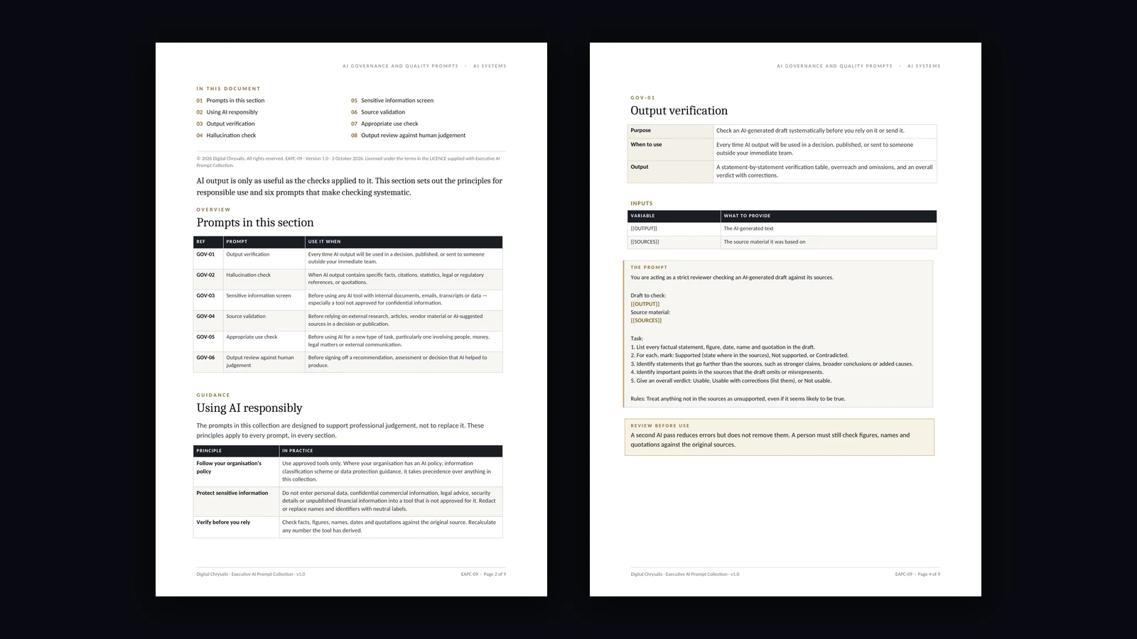 Responsible use guidance and the output verification prompt.