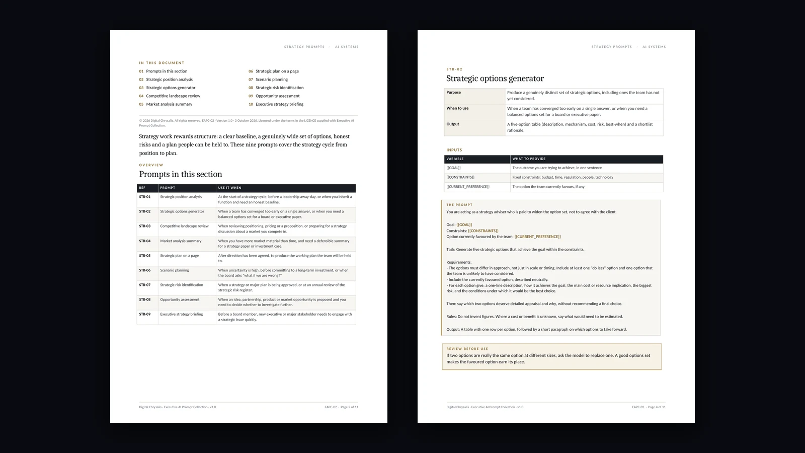 The strategy prompts overview page and the strategic options generator prompt.