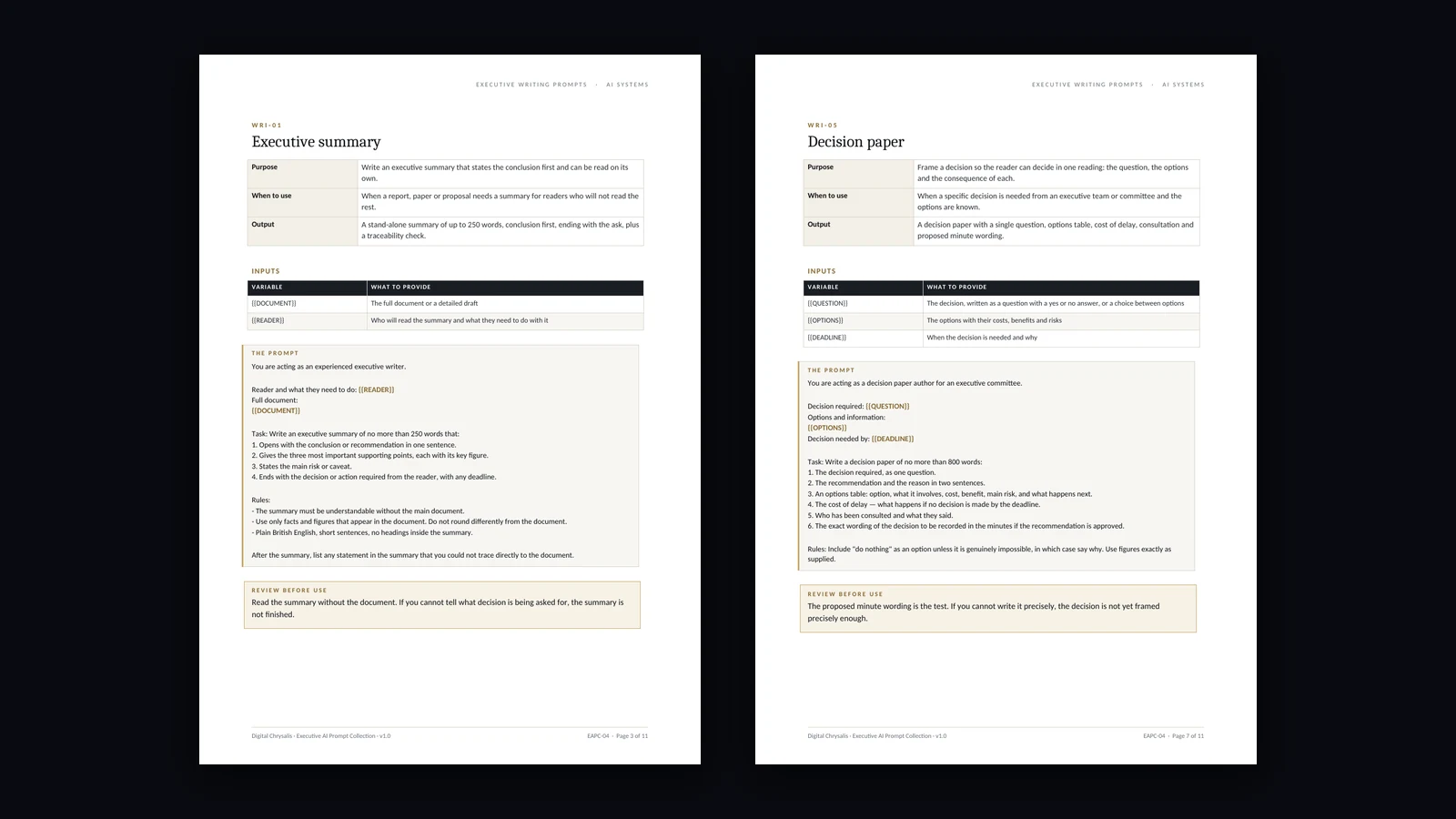 Executive summary and decision paper prompts from the executive writing library.