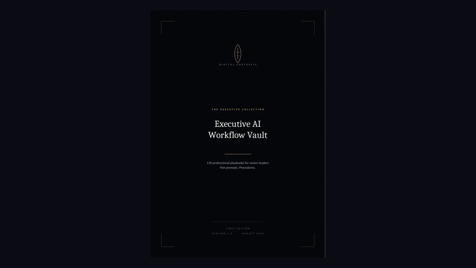 Executive AI Workflow Vault: the handbook cover, charcoal ground with a gold rule and a large serif title.