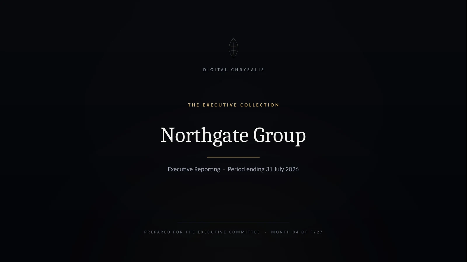 Executive Dashboard Collection: a dark executive dashboard with gold key figures and a restrained chart.