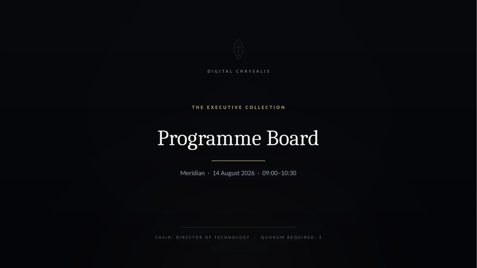 Executive Meeting Toolkit: the meeting cover slide, charcoal ground with gold rules and a serif title.
