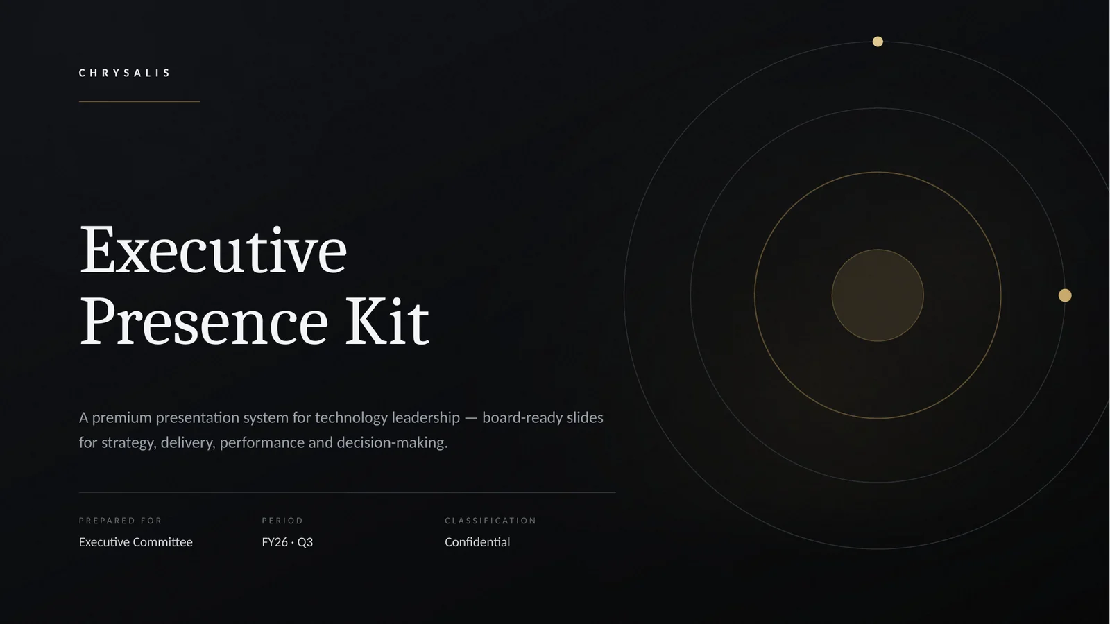 Executive Presence Kit cover slide: charcoal ground, gold concentric rings and a large serif title.