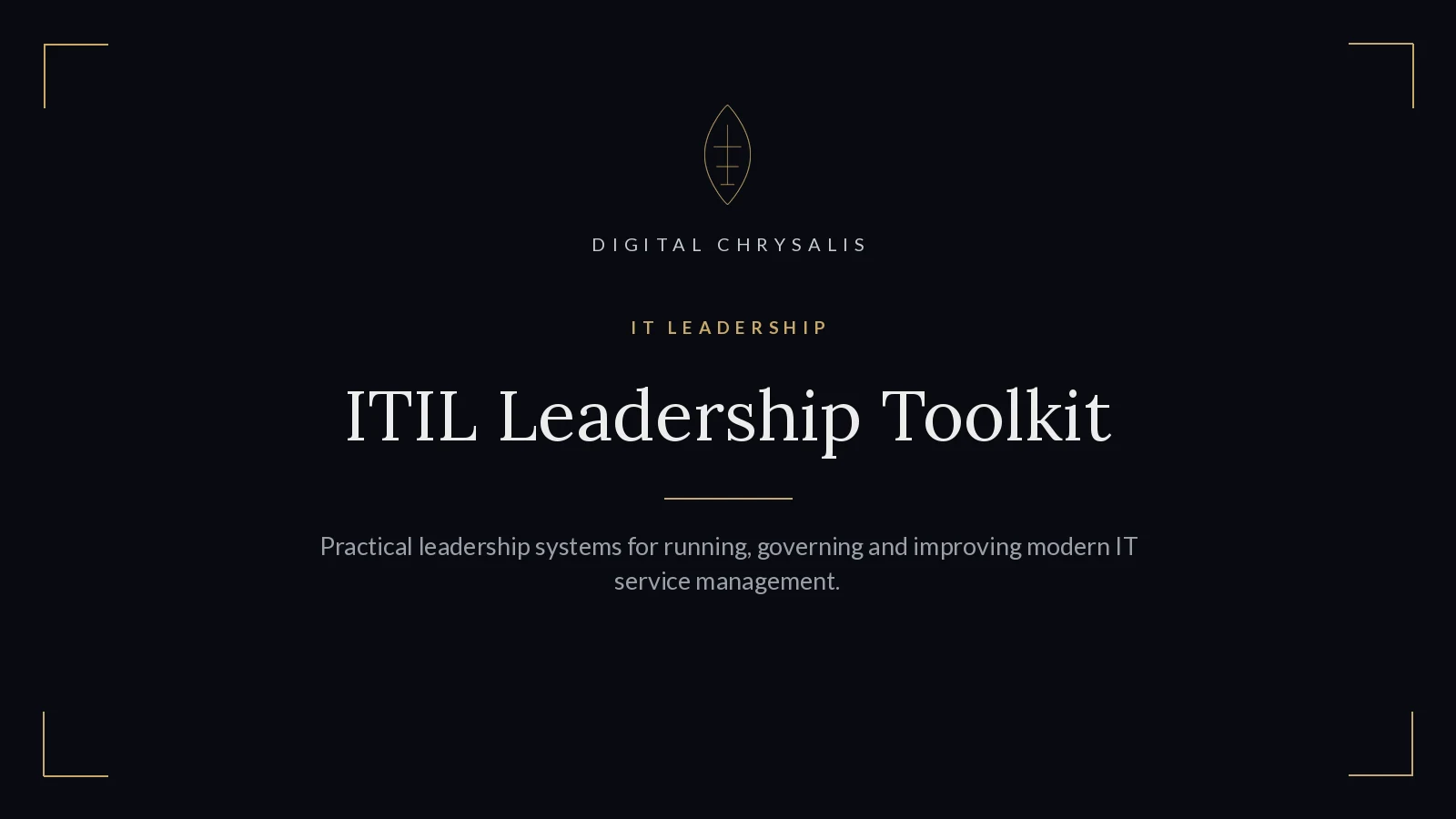ITIL Leadership Toolkit cover: charcoal ground, gold emblem and a large serif title.